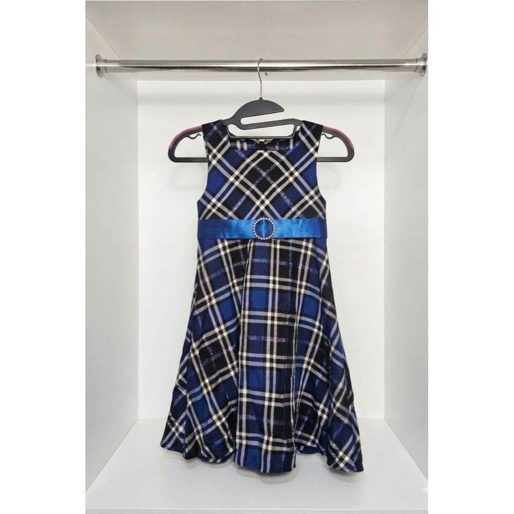 Ashley Ann Girls' Blue Plaid Sleeveless Dress with Belt